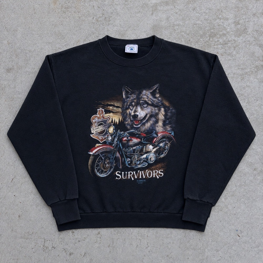 Vintage 90s Harley Davidson 3D Emblem Wolf Survivors Sweatshirt XL USA Made